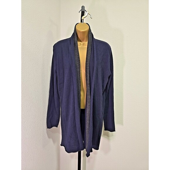 FWM Italian Merino Wool Cardigan Womens Med Office Career Blue Gray Minimalist - Picture 1 of 6